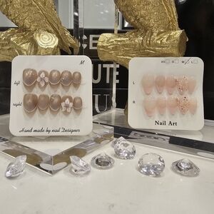 Handmade Nude Beige and Soft Pink Press-On Nail Set with Floral Accents